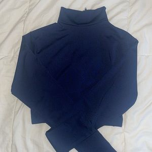 navy blue mock neck long-sleeve top